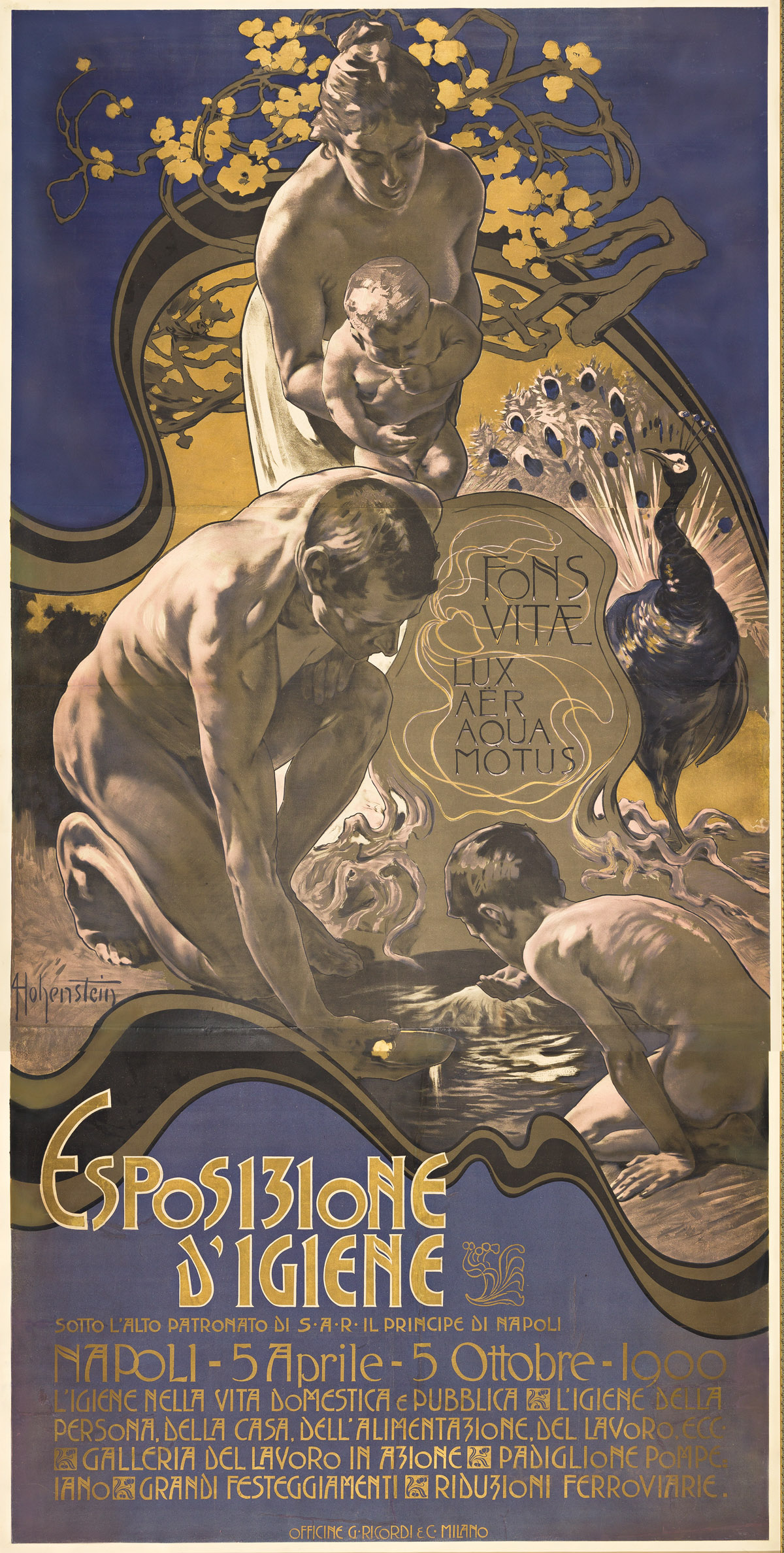 ADOLFO HOHENSTEIN (1854-1928).  ESPOSIZIONE DIGIENE / NAPOLI. 1900. 94½x47½ inches, 247½x120½ cm. G. Ricordi & C., Milan.